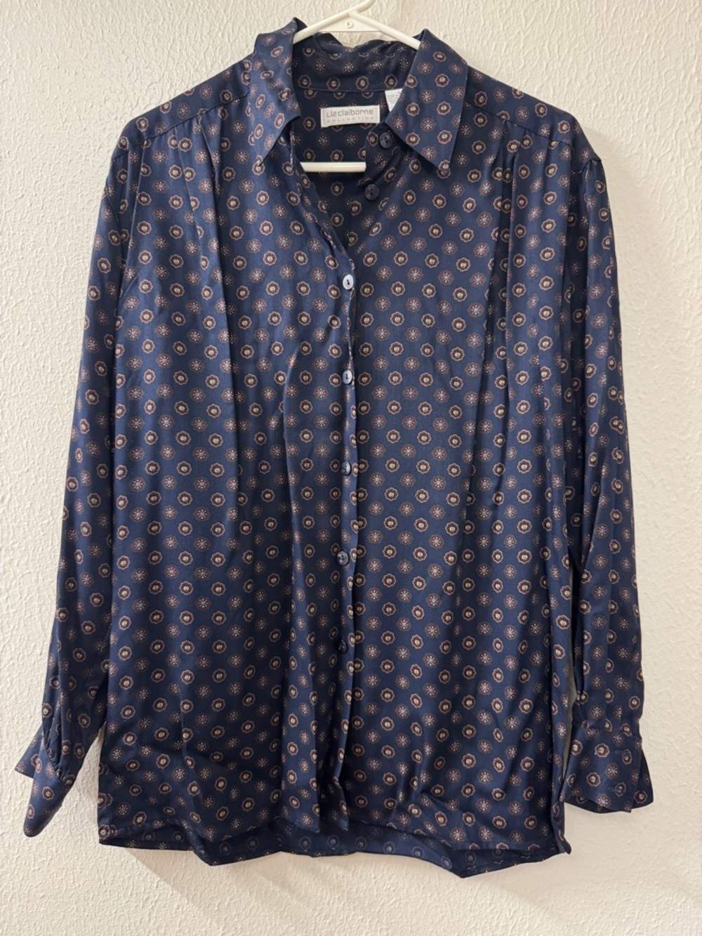 Liz Claiborne Navy Blouse with Small Medallion Print